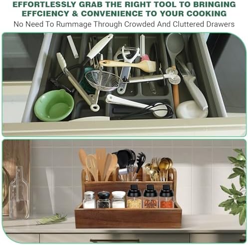 Kitchen Utensil Holder for Countertop with 4 Compartments Acacia Large Utensil Holder Wooden Storage for Cooking,Baking,