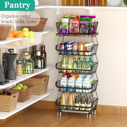 CHLORYARD Fruit Basket with Wooden Lid for Kitchen, 5-Tier Stackable Wire Fruit Vegetable Storage Basket Organizer Stand