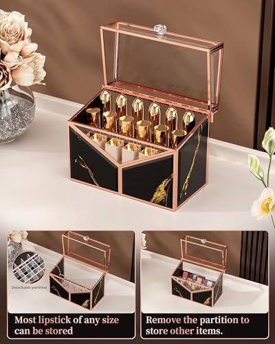 CoralHouse Lipstick Organizer - Black Glass Lipstick Holder & Nail Polish Organizer, 18-Slot Vanity Cosmetic Organizer w
