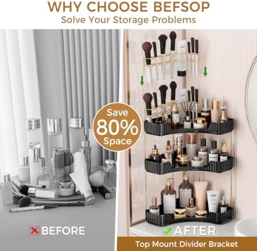 BEFSOP Corner Bathroom Counter Organizer, Upgraded 3-Tier Makeup Organizer Countertop with Makeup Brush Holder, Skincare