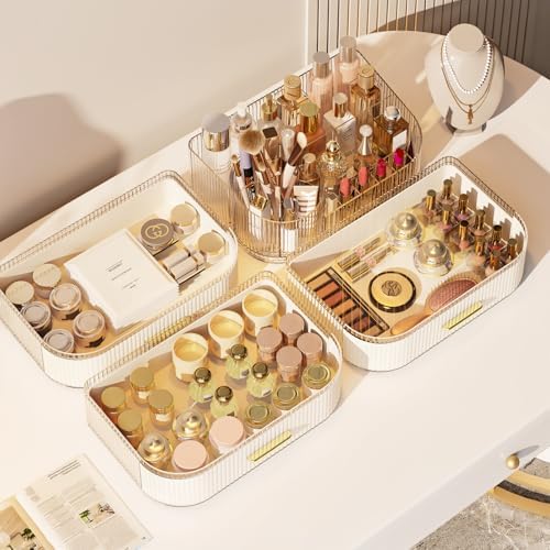 Makeup Organizer with 360 Rotating Brush Holder and Stackable Drawers, Cosmetic Display Case for Vanity, Bathroom Counte