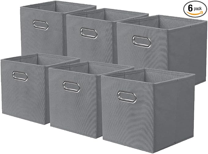 ShellKingdom Storage Bins, Foldable Fabric Storage Cubes And Cloth Storage Organizer Drawer with Metal Handle For Closet And Toys Storage, 11 X 10.5 X 10.5 INCH, 6 Pack (Grey)