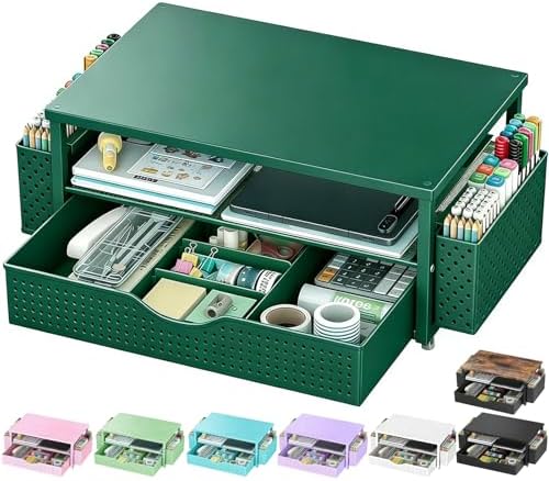 Spacrea Computer Monitor Stand with Drawer and 2 Pen Holders, Green