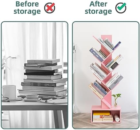 Yoobure Tree Bookshelf - 6 Shelf Retro Floor Standing Bookcase, Tall Wood Book Storage Rack for CDs/Movies/Books, Utilit