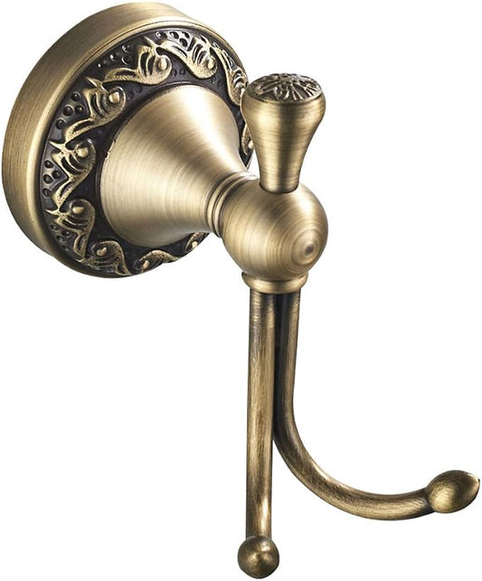 Leyden Antique Brass Towel Hook, Bathroom Robe Hooks, Brushed Double Coat Clothes Hanger Hook Vintage Style Wall Mounted
