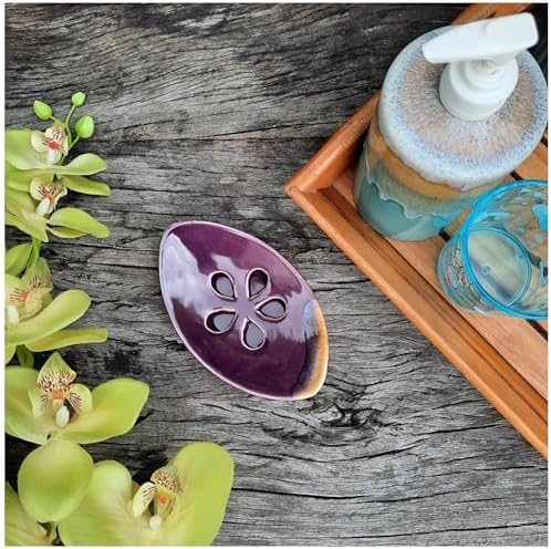 Ceramic Soap Dish with Self Draining Tray for Bar Soap, Bathroom, Kitchen (Purple No.2)