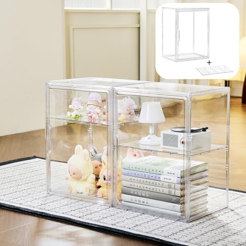 LXLXXL 2 Tier Stackable Shelf Acrylic Display Case with Magnetic Lid 4-Pack