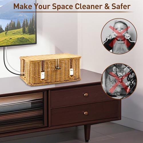 Cable Management Box - 2 Pack Cord Hider Organizer Boxs - Small & Medium Szie Power Cover Cord Box, Handwoven Rattan Cab