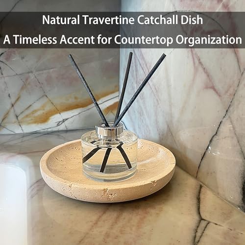 Natural Travertine Round Decorative Tray - 8-inch Beige Stone Vanity Bowl, Anti-Slip Organizer Plate for Bathroom, Kitch