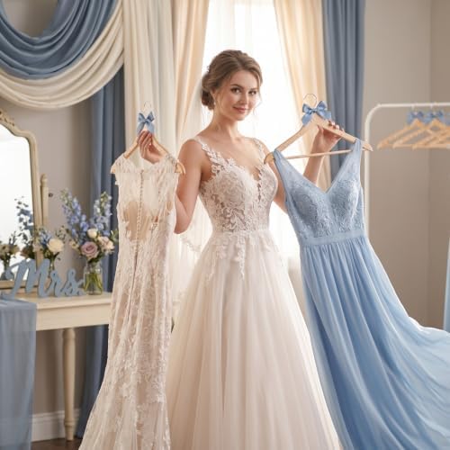 Wonderjune Bule 10 Pcs Bride Hanger for Wedding Bride Groom Bridesmaid Ribbon Bow Pearl Hanger Wood Color Elegant Wooden Dress for Bridal Shower Tuxedo Photo Keepsake Party Gift (Pearl Bow)
