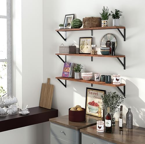 Heimlove Floating Shelves for Wall, 36 Inch Long Wood Floating Bookshelf Set of 3, Wall Mounted Hanging Shelf for Bathro
