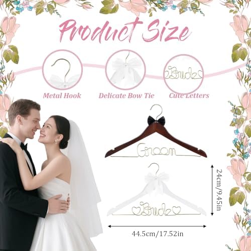 2 Pcs Bride Hanger Bride and Groom Wooden Wedding Dress Hanger Set with Bow Tie for Tuxedo Suit Wedding Gift Bridal Party Shower