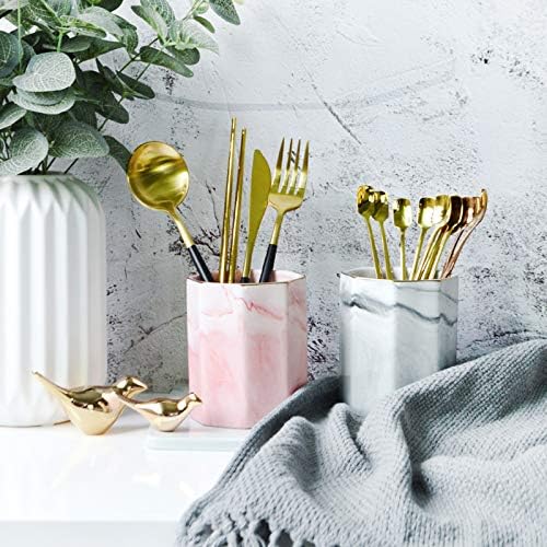 Pen Pencil Holder for Desk, Durable Ceramic Pens Organizer, Makeup Brush Holder, Table Decor and Desk Accessories, Perfect Office Home Organization for Women Girl, Teacher Supplies, Pink Marble