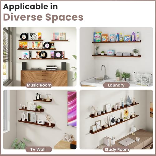 Acovy Long Floating Shelves for Wall, 72 inch Solid Wood Picture Ledge Shelf, Picture Shelf for Wall with Ledge, Floating Book Shelves for Living Room Bedroom Kitchen Nursery Decor, Walnut, Set of 2