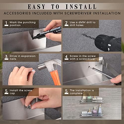 Lallisa 2 Pieces Stainless Steel Shelf Bathroom Shower Floating Shelves Wall Mounted Shower Caddy Basket Shelf Storage O