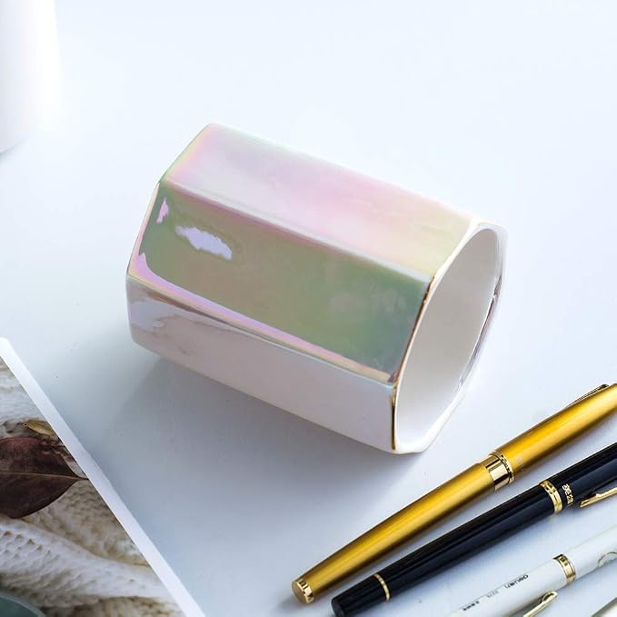 Ceramic Desk Iridescent Pen Holder Stand Cute Pencil Cup Pot Desk Organizer Makeup Brush Holder,Toothbrush Holders(Pearl)