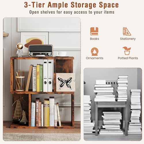 Tangkula 3 Tier Geometric Bookshelf, S Shaped Open Bookcase with Storage, Home Office Decor, Freestanding Wood Display S