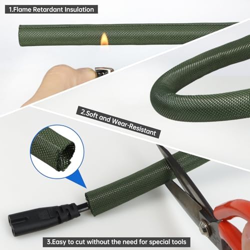 Split Braided Cable Sleeve，Flexible Wire Loom Tubing, Automotive Cord Protector Pet Proof, Cable Management for Computer