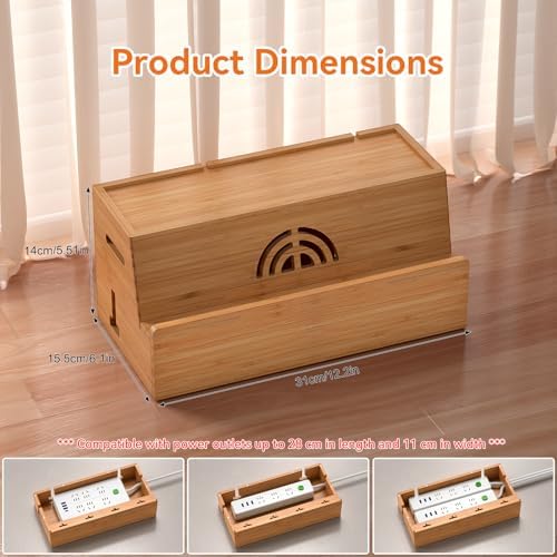 Bamboo Cable Management Box, Natural Color, 31X14X15.5CM