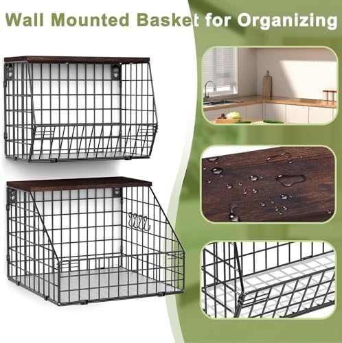 Fruit and Vegetable storage, 2 Set Wall Mounted Wire Baskets, Fruit Basket for Kitchen Counter, Hanging Fruit Basket, Po