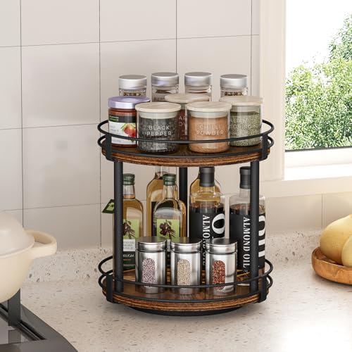 Snughome Rotating Spice Rack, 2 Tier Lazy Susan Organizer, Wood Kitchen Countertop Organizer, Brown Lazy Susan Turntable