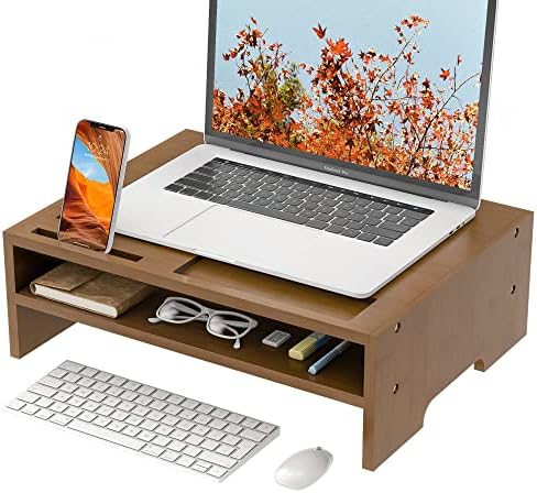 Monitor Stand Riser with Storage Organizer Desktop with Cooling Holes Bamboo Laptop Riser Shelf for Office and Home Use 