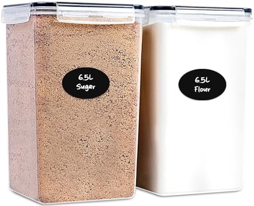 Extra Large Flour and Sugar Storage Containers 6.5L/220 Fl. oz; Set of 2 Plastic Bulk Airtight Food Storage Rice Containers With Lids - Kitchen Pantry Organizer and Storage Canisters, Marker & Labels