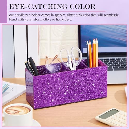 Jetec Acrylic Pen Holder for Girl Desktop, 4 Compartments, Sparkly Purple