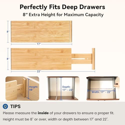 4 Pack 8" Deep Bamboo Drawer Dividers, 17-22" Expandable Kitchen Organizers