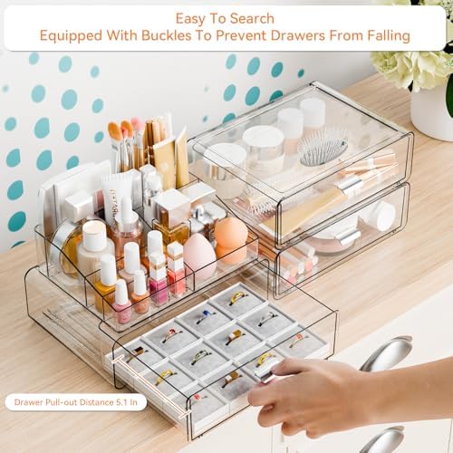 Yieach 5 Tier Clear Acrylic Makeup Organizers with Drawers,Tiered Countertop Make up Storage Organizer for Dresser Top a