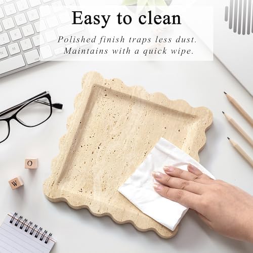 YMXYJM Travertine Marble Tray, Scalloped Stone Coffee Table Tray Decor - 8"
