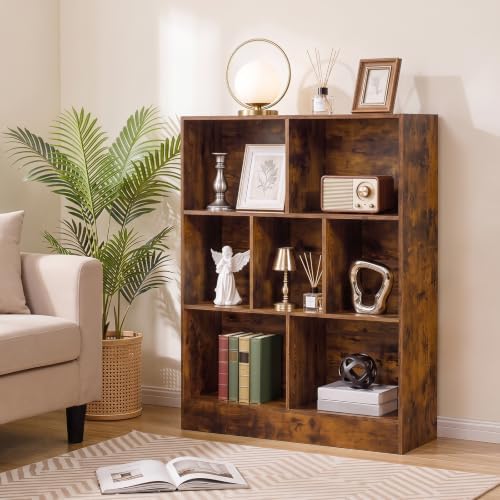 YAHARBO 3 Tier 7 Cube Mini Thin Bookshelf, Short Shallow Bookcase, Brown