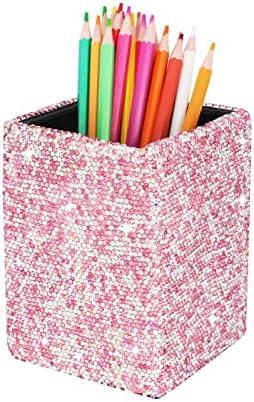 Crystal Pencil Pen Pot Holder Box Bling Rhinestone Pen Organizer Holder Cosmetic Pencil Container Comb Brushes Personalized (Square Pink)