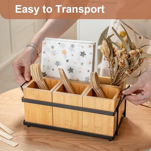 PTSTING Silverware Caddy Wood Utensil Holder Paper Plate Dispenser Silverware Utensil Caddy Cutlery Flatware Organizer B