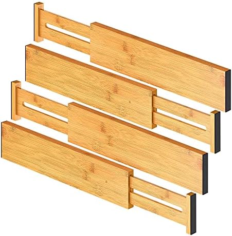 4 Pack Bamboo Kitchen Drawer Dividers,Adjustable Drawer Organizers,Spring Loaded,Works in Kitchen,Dresser,Bathroom,Bedro