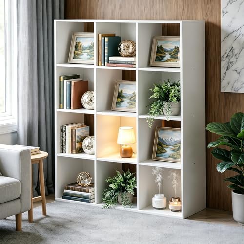SUPER DEAL 12-Compartment Open Shelf Bookcase, 47 inch Wide Cube Storage Cabinet Wood Cubical Bookshelves Display Unit w