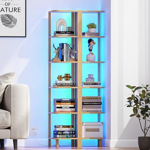 TUTOTAK Corner Shelf with LED Light, 6-Tier Corner Bookshelf
