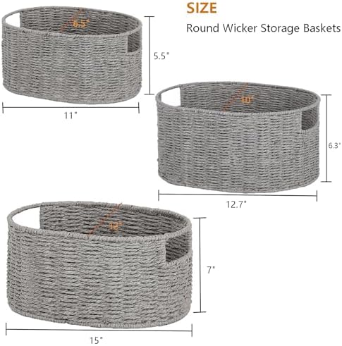 Vagusicc Wicker Storage Basket, Set of 3 Hand-woven Storage Baskets for Organizing, Round Large Wicker Baskets for Stora