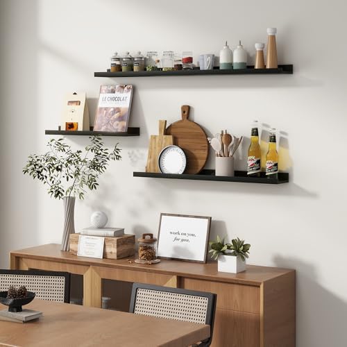 FLYJOE Picture Ledge Wall Shelves 48 inches Width Set of 3, Solid Pine Wood Rustic Floating Ledge Shelves for Wall for Kids' Room Bedroom Kitchen Bathroom Long Floating Shelves for Wall Decor, Black