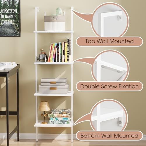 Wolawu Ladder Shelf 4 Tiers Metal Industrial Bookshelf,White Wooden Tall Open Storage Rack and Display Shelves,Wall Moun