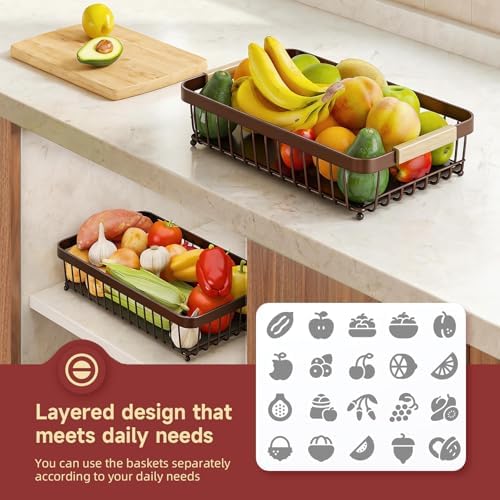 Sevenblue 2-Tier Fruit Basket with Banana Hangers, Detachable Metal Bowl