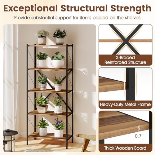 GIANTEX 5-Tier Tall Bookshelf Set of 2, Industrial Bookcase with Heavy-Duty Metal Frame, Modern Storage Book Shelf, Open