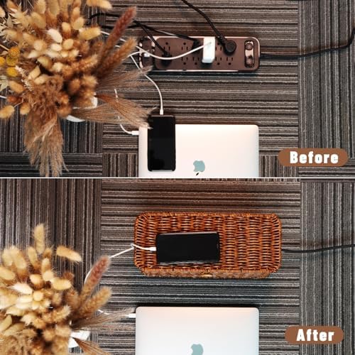 Cable Management Box, Cord Organizer with Lid & Cable Ties - Brown, M