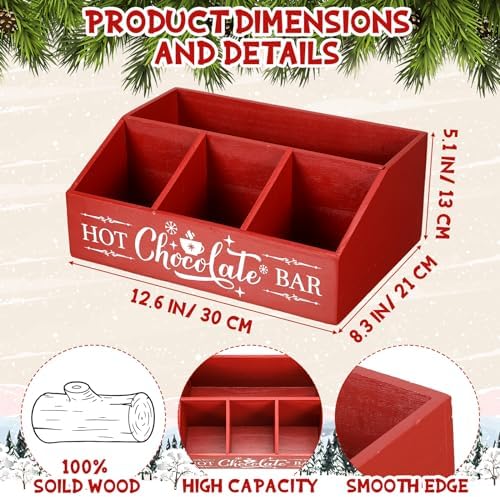 Barydat Christmas Hot Cocoa Bar Wood Coffee Station Organizer Countertop with 4 Compartment Coffee Bar Decorative Holder