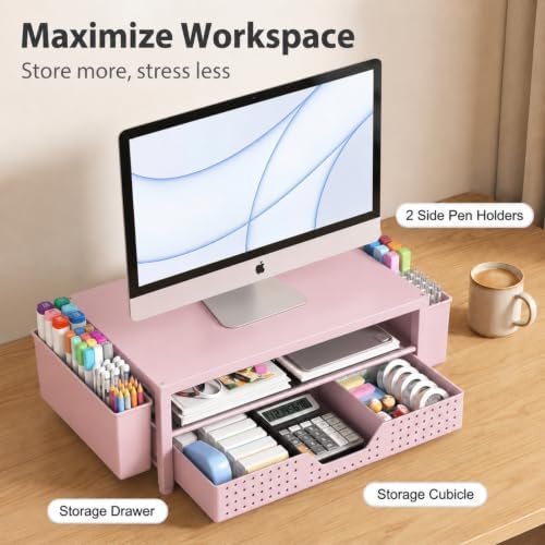 ECOLOVI Desk Organizer and Accessories, 2-Tier Computer Monitor Stand Rise with Storage Drawer & 2 Pen Holders, Laptop &