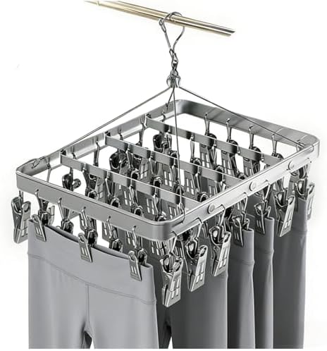 Pants Hanger Clothes Drying Racks Clip Hangers Metal with 36 Clips Windproof Hook Underwear Hanger Foldable Laundry Clip for Socks Bras (Silver)