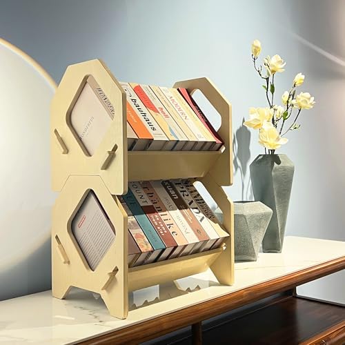 2 pack Desktop Bookshelf, Stackable Book Organizer with Handle, storage rack for CD/Magazine/File Folder, Portable Small