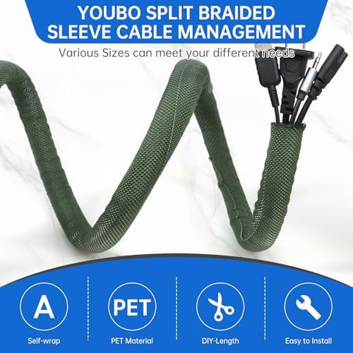 Split Braided Cable Sleeve，Flexible Wire Loom Tubing, Automotive Cord Protector Pet Proof, Cable Management for Computer
