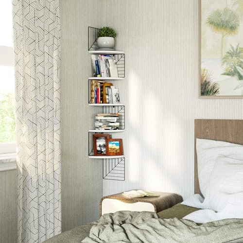 Love-KANKEI Corner Wall Shelf 5 Tier,Solid Wood/Metal Bracket,51"Tall,White