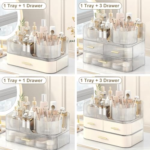 DASITON Makeup Organizer with Drawers and Rotating Makeup Brush Holder,Large Capacity Stackable Cosmetic Organizer Count
